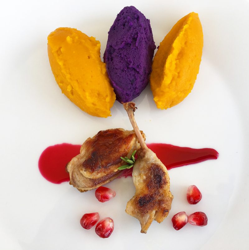 Quaglia con purè colorati